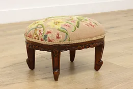 French Vintage Mahogany Oval Footstool, Birds Needlepoint #52495