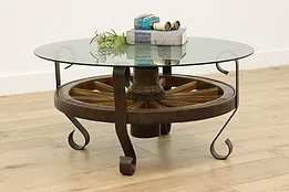 Farmhouse Antique Glass Top Wagon Wheel Coffee Table #52357