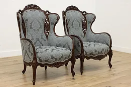 Pair of French Design Vintage Wing Chairs, Carved Cherubs #52337