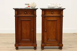 Pair Antique Tudor Design Marble Top Nightstands End Tables #52229