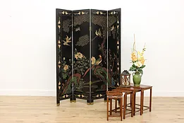 Chinese Vintage Carved & Painted 4 Panel Screen Garden Scene #52056