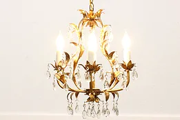 French Design Vintage Gilt Brass & Crystal Chandelier #50953