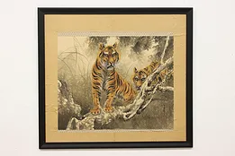 Hunting Tigers Vintage Original Watercolor Painting, 46.5" #52233