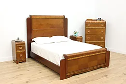 Art Deco Waterfall 4 Pc Vintage Walnut Bedroom Set Queen Bed #52061