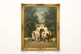 Castle Hunt Scene Antique Original Oil Painting Hennings 58" #52237