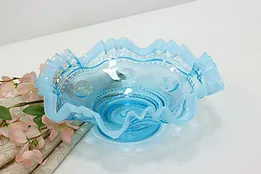 Victorian Design Vintage Ruffled Blue Glass Candy Dish Bowl #50412