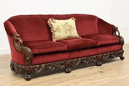 Carved Birds & Lions Antique Velvet Sofa or Couch #52683