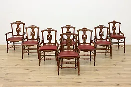 Set 8 Antique Victorian Carved Walnut Dining Chairs, Leather #51952