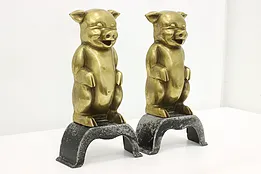 Pair of Farmhouse Vintage Brass Pig Fireplace Andiron Sculptures #51567