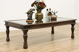 Mahogany & Iron Grill Vintage Coffee Table, Glass Top #50496