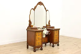 Tudor Design Carved Walnut Vanity or Dressing Table, Albert #52682