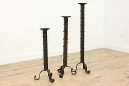 Set of 3 Vintage Wrought Iron Floor Candlestick Holders #52819