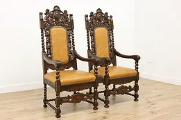 Pair Tudor Design Antique Oak Hall Throne Chairs, Lions #52418