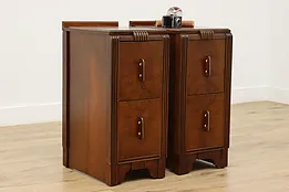 Pair Art Deco Vintage Walnut & Bakelite Nightstands, Bassett #52935