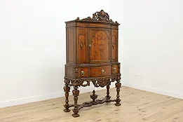 Tudor Antique Marquetry Carved China or Bar Cabinet, Empire #52886