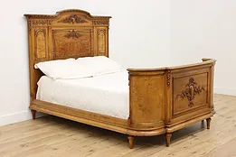 French Antique Walnut & Elm Full Size Bed, Hand Carved Roses #52904