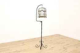 German Vintage Brass & Cut Glass Birdcage, Iron Stand #52963