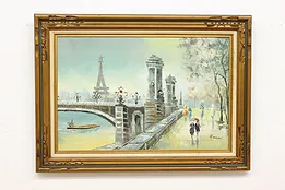 Eiffel Tower Paris Vintage Original Oil Painting, Signed 44" #53301