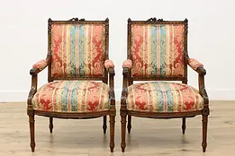 Pair of French Antique Walnut Library Chairs, Carved Roses #53259