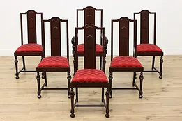 Set of 6 Tudor Antique Dining Chairs, Inlaid, New Upholstery #53135