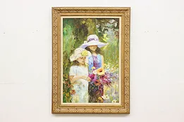 Summer Girls with Flowers Vintage Oil on Canvas, Tukey 44.5" #53339