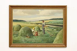 Farm Family Scene Vintage Original Oil Painting 44.5" #53340