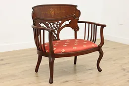 Art Nouveau Antique Mahogany Settee or Bench Pearl Marquetry #52806