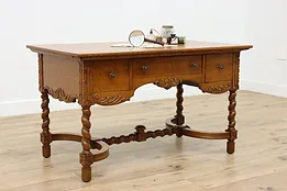 Victorian Antique Carved Oak Office Library Desk, Twist Legs #53266