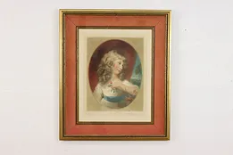 Portrait of a Girl Antique Original French Etching 27" #53393