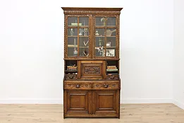 Dutch Antique Carved Oak Secretary Desk & Bookcase #52797