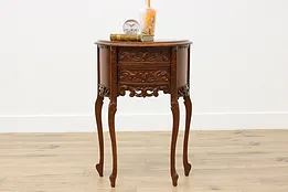 French Vintage Carved Walnut Demilune Nightstand End Table #53273