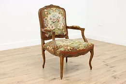 French Antique Carved Birch & Floral Needlepoint Arm Chair #52378