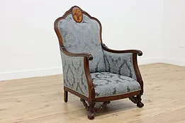 French Antique Walnut Marquetry Library Chair New Upholstery #52996