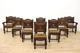 Set of 8 Antique Mouth of Truth Oak & Leather Dining Chairs #53533