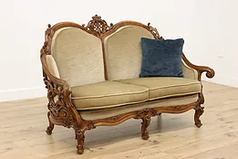 Swedish Antique Hand Carved Walnut & Mohair Loveseat or Sofa #53536