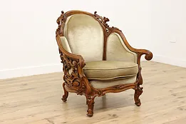 Swedish Antique Hand Carved Walnut & Mohair Library Chair #53537