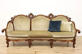 Swedish Antique Hand Carved Walnut & Mohair Sofa #53538