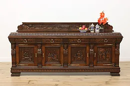 Renaissance Antique Oak Sideboard Buffet Bar, Tavern Scenes #53490