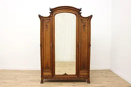 Art Nouveau French Antique Walnut Armoire Wardrobe & Mirror #53479