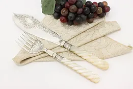 Mother of Pearl & Engraved Silver Antique Fish Carving Set #51811