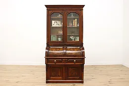 Victorian Antique Walnut Roll Top Secretary Desk & Bookcase #52870