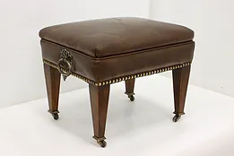 Traditional Vintage Birch Leather Footstool Brass Nailheads #53545