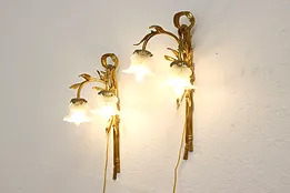 Pair of Vintage Brass Wall Sconce Lights, Flowers & Ribbons #52790