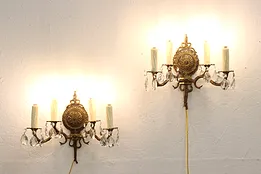 Pair Traditional Antique Embossed Brass Wall Sconces, Prisms #44867