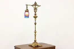 Victorian Antique Tall Desktop Bronzed Lamp, Art Glass Shade #51497