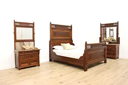 Victorian Antique 3 Pc Mahogany Marble Queen Bed Set, Signed #52787