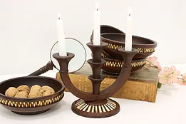 Set of 4 Vintage Walnut & Porcupine Quill Bowls & Candelabra #53572