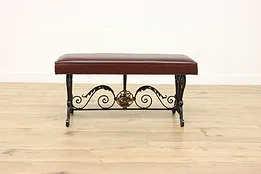 Spanish Colonial Ship Design Wrought Iron & Leather Bench #52247