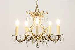 Gold Plated Brass & Prism 5 Candle Vintage Chandelier #46710