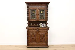 Black Forest Antique Carved Oak & Stained Glass Bar Bookcase #53245